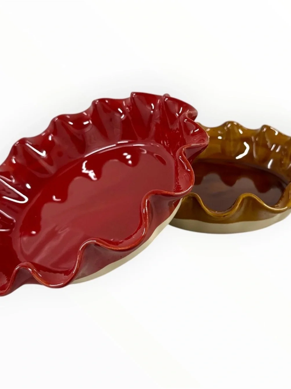Emile Henry France 61.87 Ruffled Pie Dishes Set of 2 Red Brown Ceramic